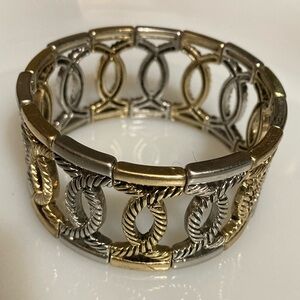 (Brighten ?)TWO TONE BRACELET Stretch Vintage Textured Silver/Gold Tone